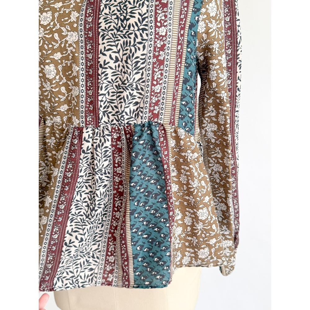 Boho Cottagecore Loveriche Patchwork Floral Peplum Top Small Brown Teal - Picture 2 of 7